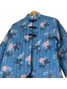 VTG Handmade Asian Jacket Top Blue Floral Quilted Mandarin 70s 80s Frog Buttons